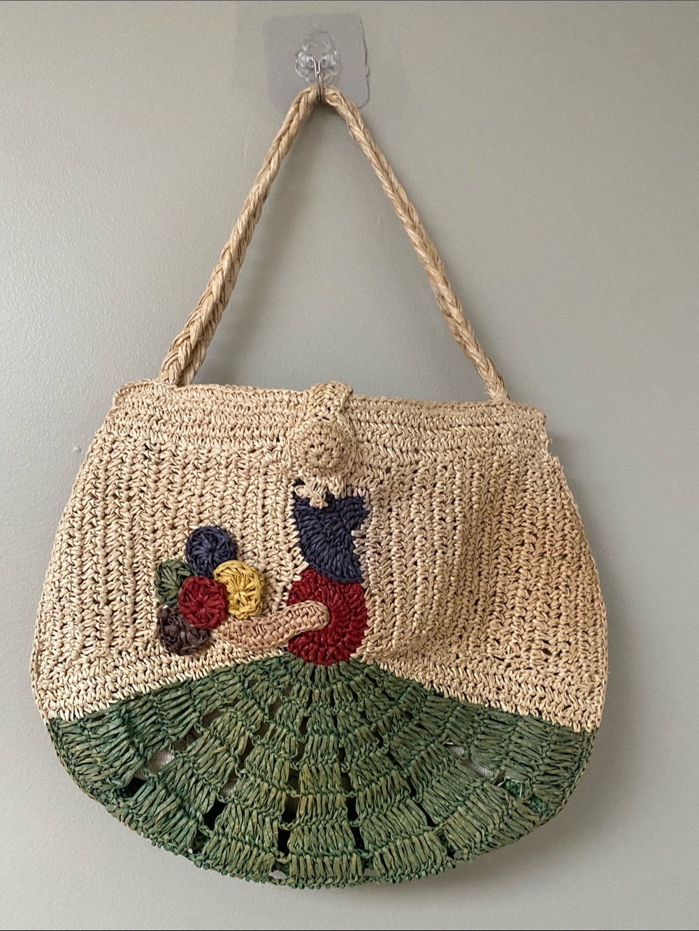 Handwoven Straw Tote Bag with Floral Blue Belle Bonnet Applique - Natural & Gree